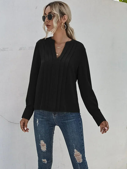 Josephine | Elegant pleated V-neck blouse with graceful feminine drape