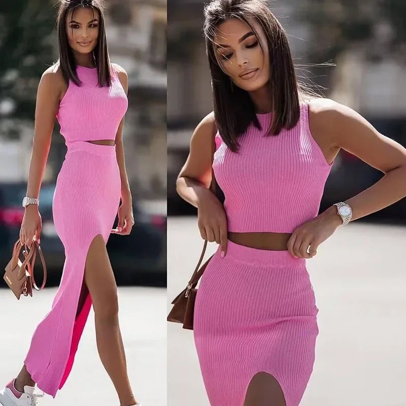 Sleeveless Crop Top & Maxi Bodycon Split Skirt for Women Casual Two Piece Set Milanni Fashion