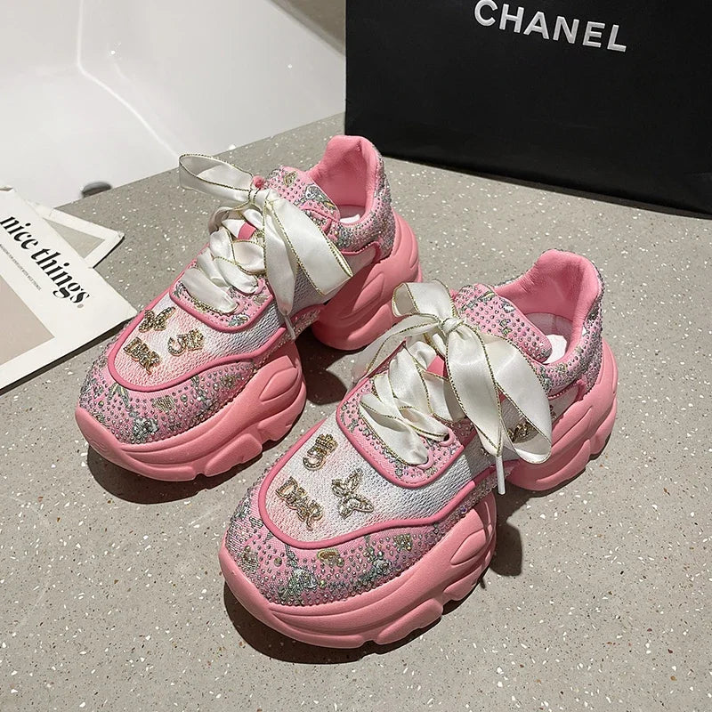 Rhinestone Sneaker Breathable Luxury Designer Casual Shoes with Thick Bottoms for Women Fashion Milanni Fashion Pink 40