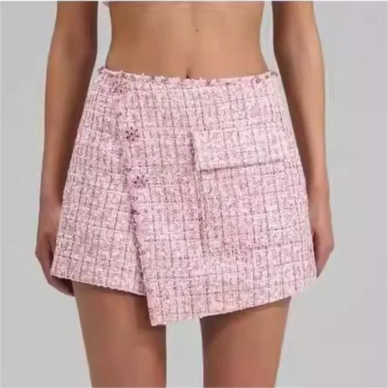 Early Spring Pink Tweed Short Crew Neck Diamonds Jacket And Shorts Set For Women Outerwear  Milanni Fashion   