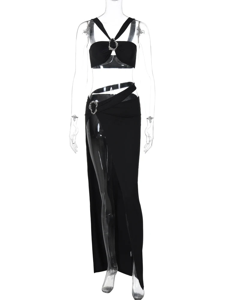 2 Pcs Sets Black Straps Backless Patchwork Sexy Crop Tank Top Slit Maxi Skirt  Milanni Fashion   