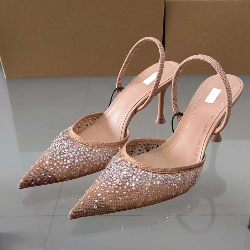 Luxury Broken Drill Diamond Mesh Fabric Sandals Elegant Pointed Toe High Heels Shoes Stylish and Chic Milanni Fashion