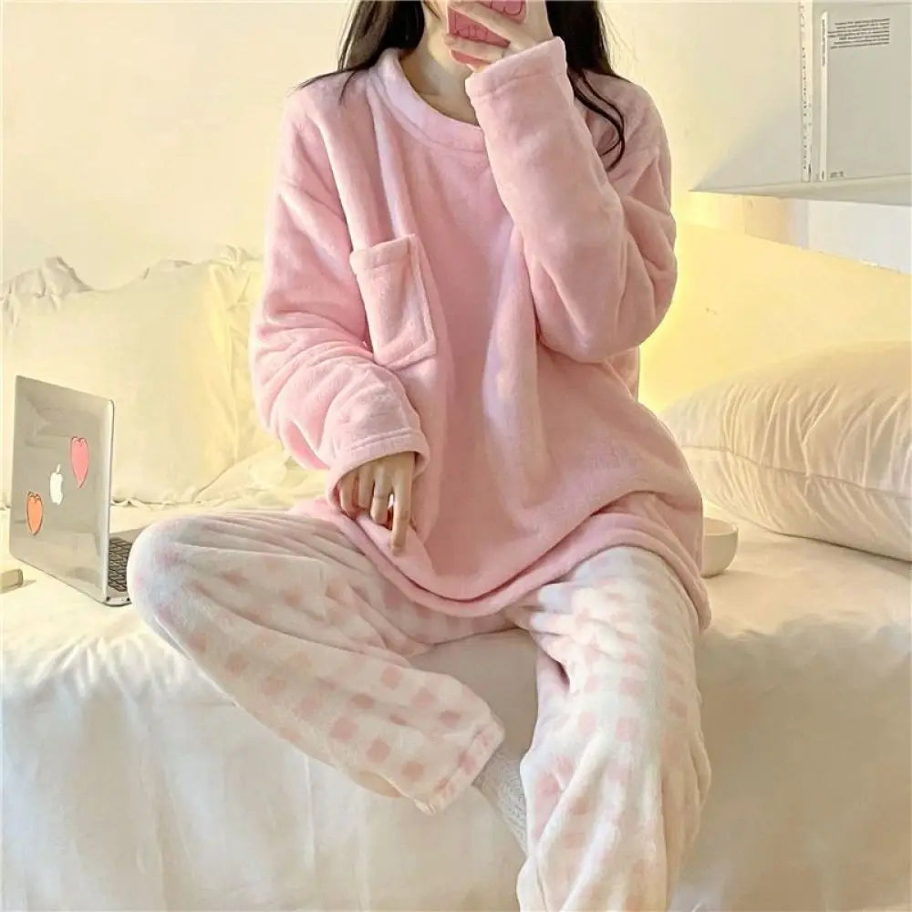 Fleece Thick Warm Women's Pajamas Set Winter Sleepwear Casual Solid Top and Plaid Pants  Milanni Fashion   