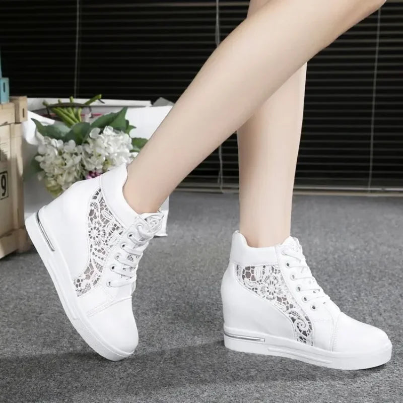 Leather High-Heeled Wedge Platform Sports Shoes Rubber Cloth Height Increase Silver Women Footwear Milanni Fashion