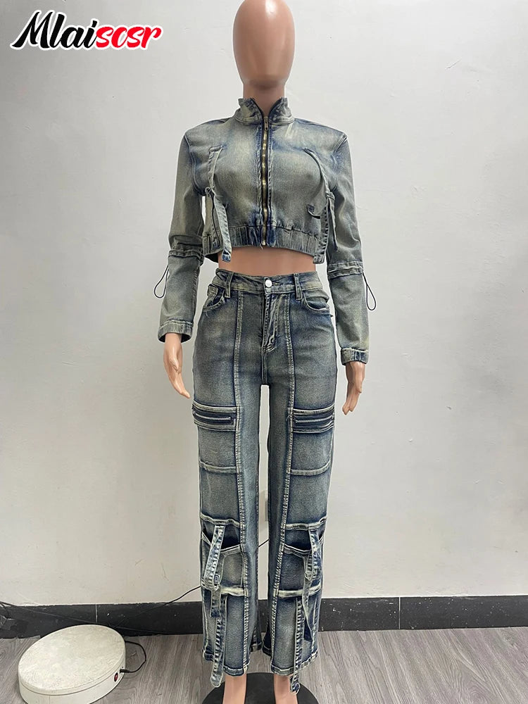 Vintage Stretch Denim 2 Piece Pants Sets Women Zip Slim Jackets and Pocket Cargo Jeans Outfit Streetwear Winter Suits Milanni Fashion