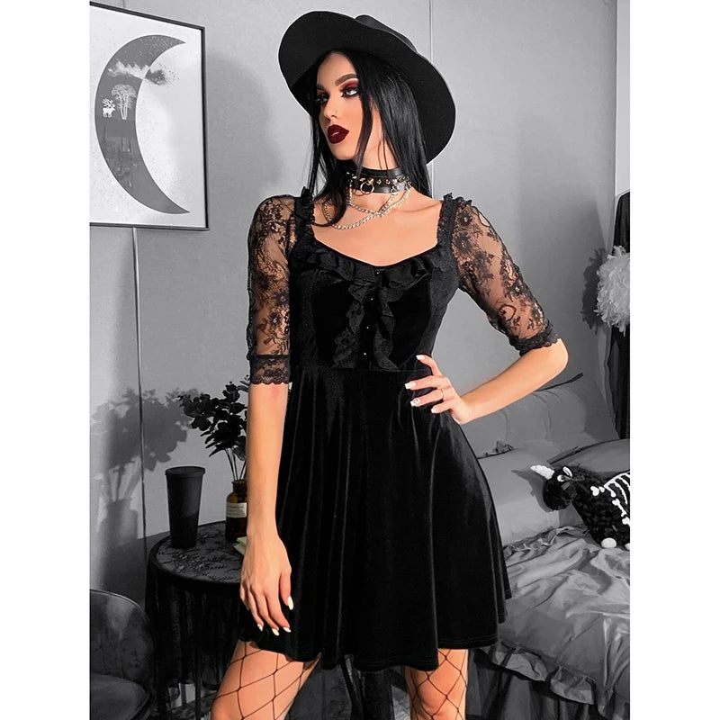 Gothic Lace Splicing Dress Women's Dark Style Directional Design Trendy Short Dress Milanni Fashion