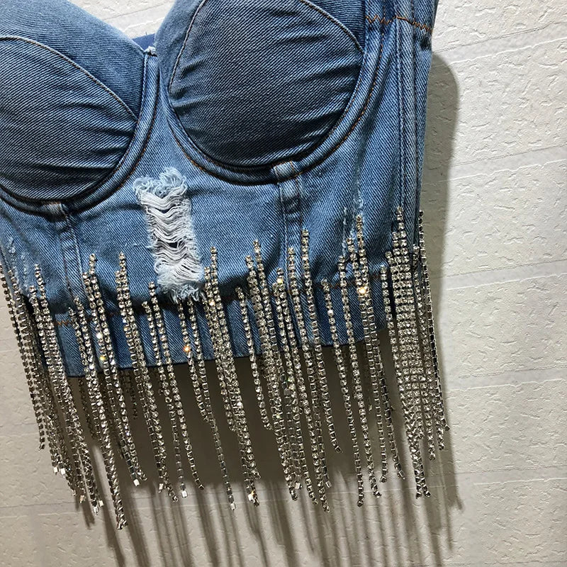 Fashion Diamond Tassel Strapless Bra Denim Vest Shirt Sexy Nightclub Cropped Top  Milanni Fashion   