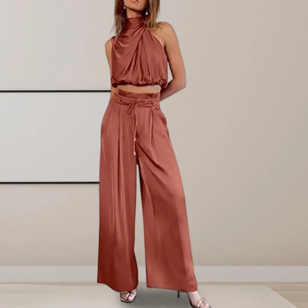 Women's Two Piece Outfit Silk Pleated Sleeveless Top Wide Leg Pant Set  Milanni Fashion   