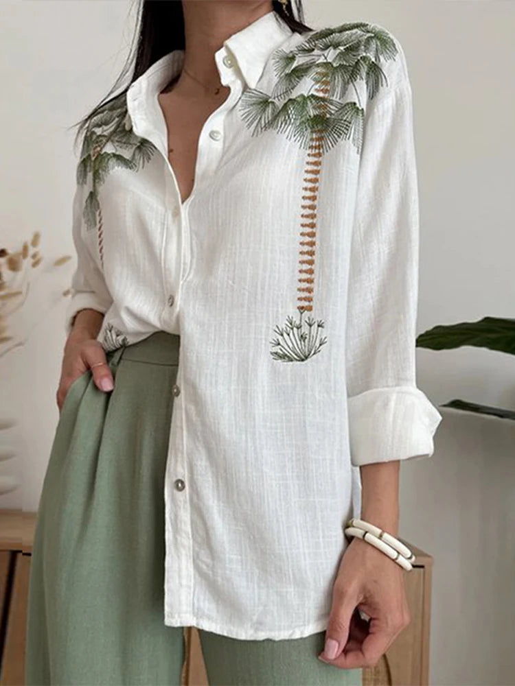 Elegant Printed Shirt Pant Set Women Cotton Linen Single Breasted Loose Top & High Waist Pant Suit  Milanni Fashion   