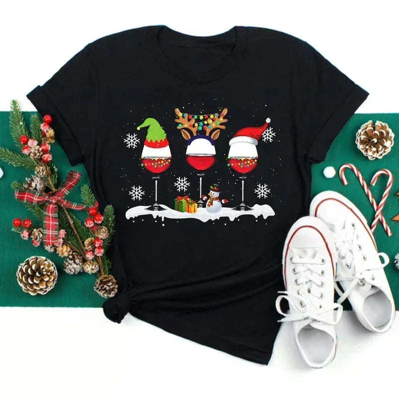 Wine Glass Christmas Black T-Shirt Fun Cartoon Xmas Gifts for Holiday Season & Festive Top Milanni Fashion