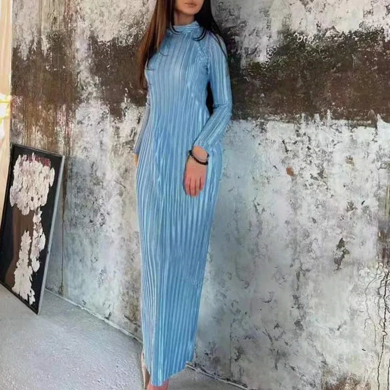 Autumn Semi High Neck Slim Fit Hip Hugging Long Skirt Pleated Long Sleeved Lace Up Dress  Milanni Fashion Blue M 