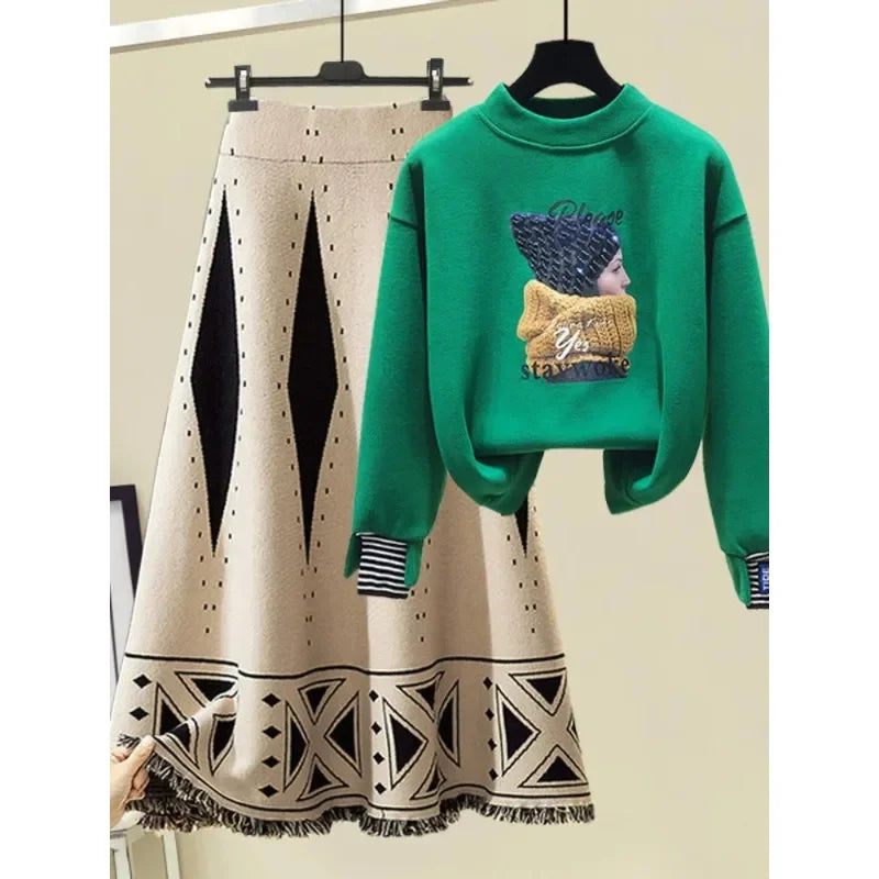 Long Sleeve Pullover Sweatshirt & High-Waist Knitted Skirt Outfit Autumn/Winter Two Piece Set for Women  Milanni Fashion   