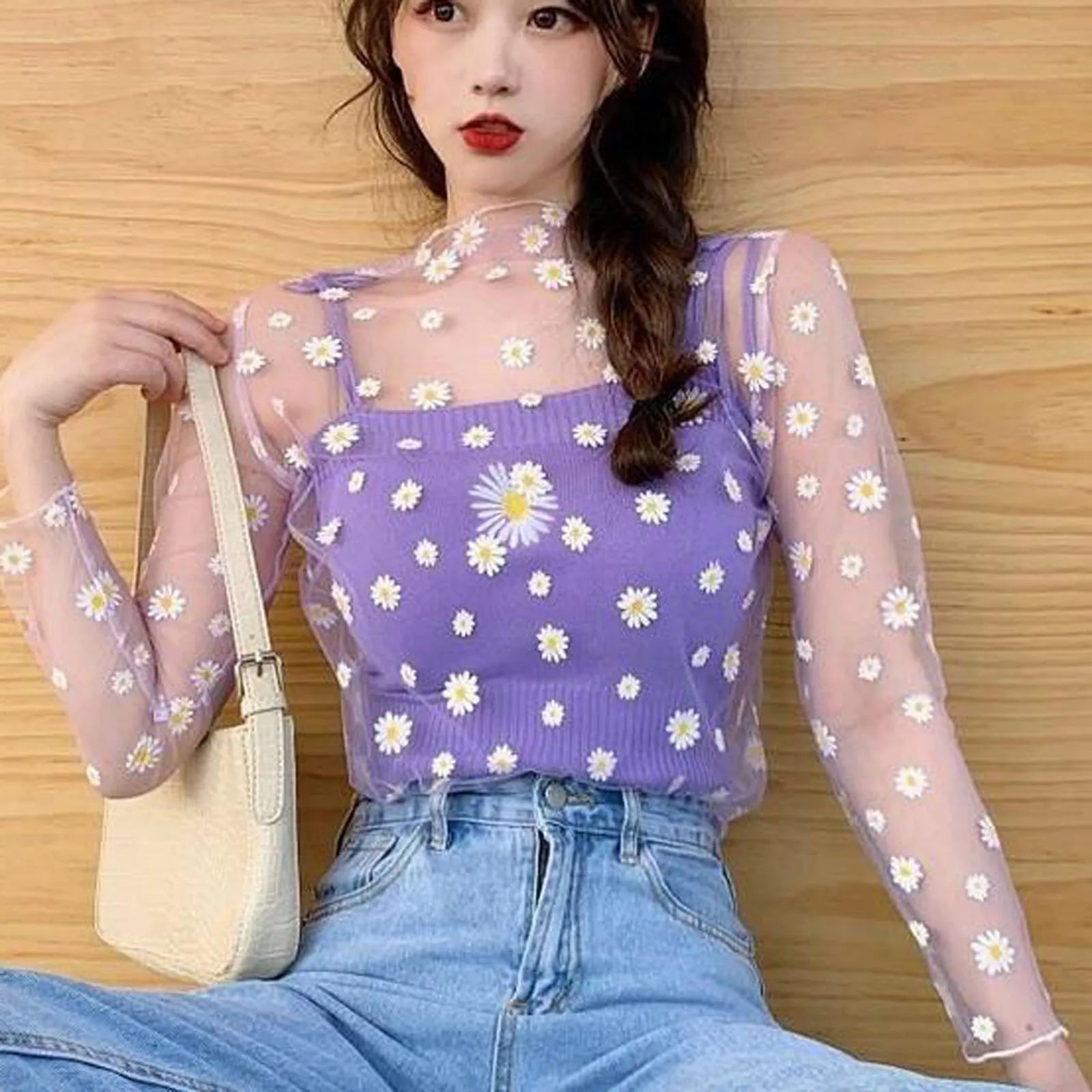 Women Daisy Print Lace Sheer Tops Sexy Tees Long Sleeve Thin Mesh Shirts  Milanni Fashion   