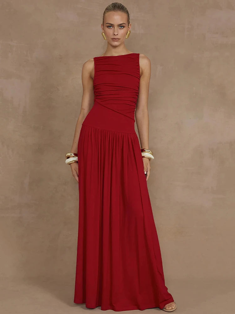 Sleeveless Maxi Dress For Women Fashion Solid Boat Neck Tank Dress Gown Maxi Dress Milanni Fashion Wine Red S 