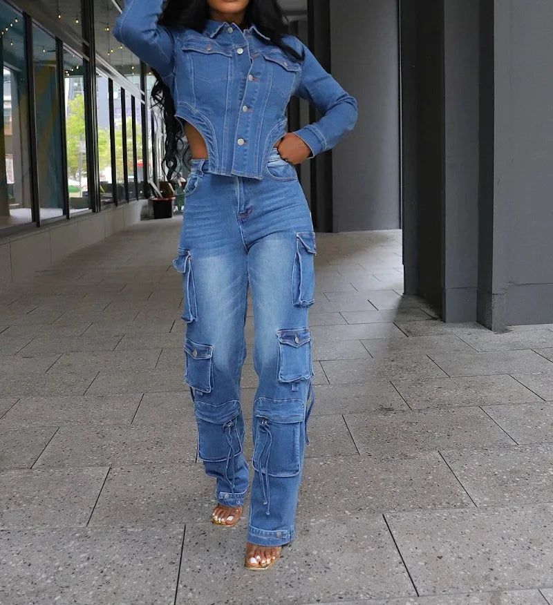 Long Sleeve Single Breasted Irregular Jacket Crop Top And Multi Pockets High Waist Cargo Pants Denim 2 Piece Set  Milanni Fashion DEEP BLUE XXL 