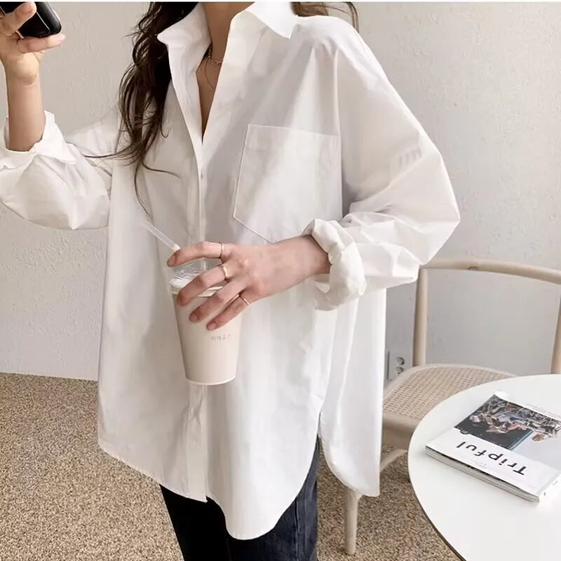 Casual Loose Cotton Blouse Fashionable Long Sleeve Shirt Comfortable Everyday Wear for Women Milanni Fashion White