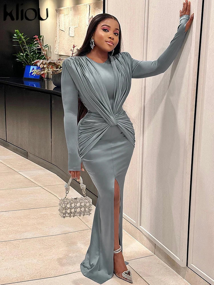 Elegant Solid Maxi Dress Women Classic Cross Ruched Long Sleeve Split Body-shaping Robe Dress Maxi Dress Milanni Fashion   