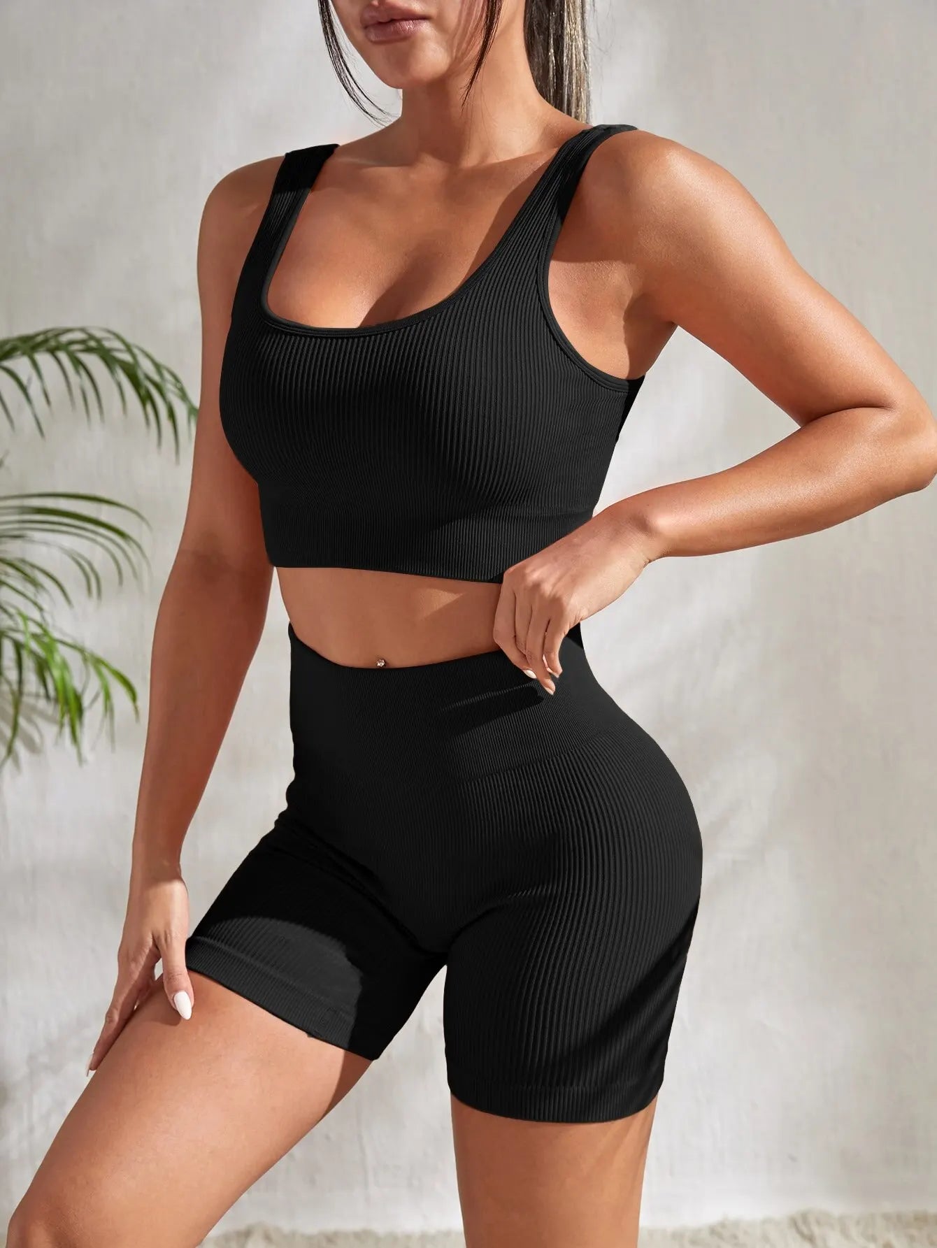 Seamless Ribbed Yoga Set for Women - Ribbed Crop Tank & High Waist Shorts Outfit  Milanni Fashion   