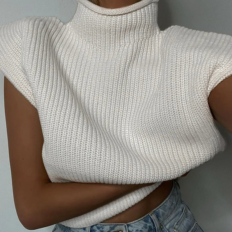 Turtleneck Loose Sweater Vests Women Autumn Sleeveless Solid Knitted Pullover Top  Milanni Fashion WHITE S 