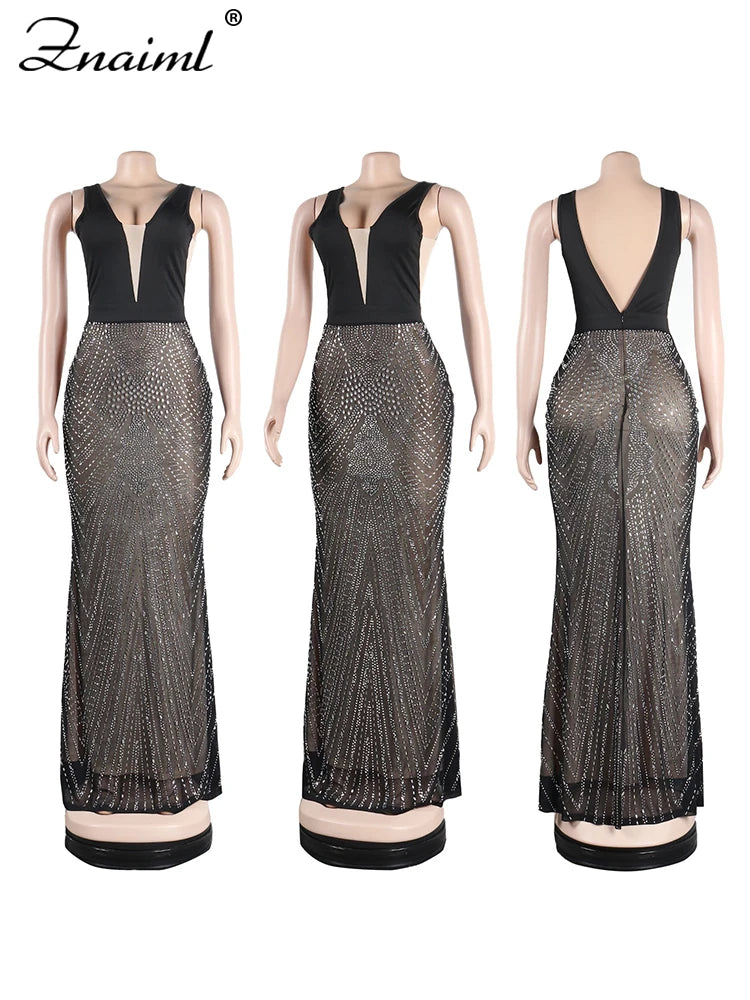 Sexy Crystal Diamonds Mesh Patchwork Party Long Dress Maxi Dress Milanni Fashion   