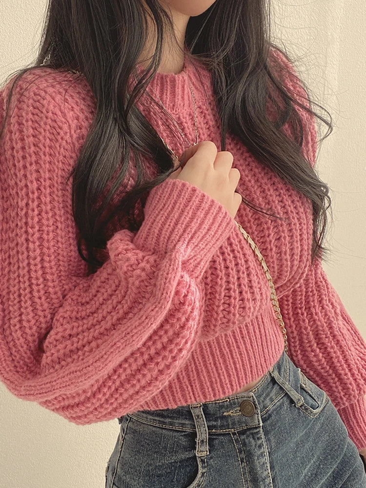 Autumn And Winter Pink Puff Sleeve Soft Waxy Season Fashion Loose Pullover Knitted Top  Milanni Fashion   