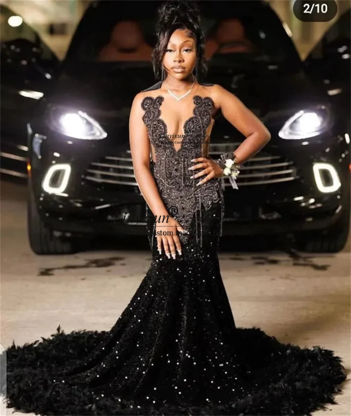 Luxury Beaded Crystals Mermaid Sleeveless Black Girl Robe Feathers Prom Dress  Milanni Fashion   