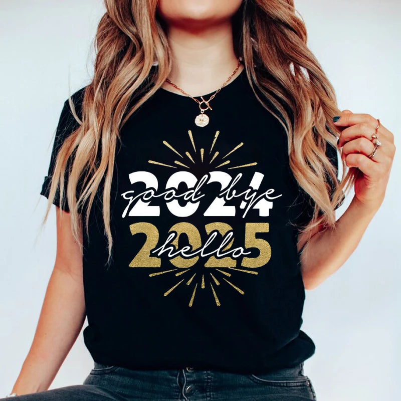 Hello 2025 Printed Women’s T-Shirt Casual O-Neck Short Sleeve Holiday Party Top Perfect Gift Milanni Fashion Black XXXL