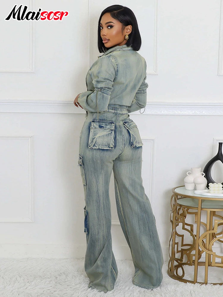 Vintage Stretch Denim 2 Piece Pants Sets Women Zip Slim Jackets and Pocket Cargo Jeans Outfit Streetwear Winter Suits Milanni Fashion