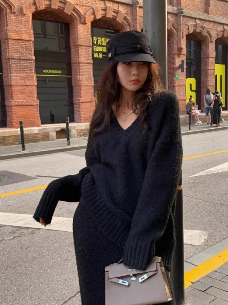 French Style Sweater Skirt Set for Women Autumn and Winter V-neck Pullover Knitted Top Half Skirt Casual Suit  Milanni Fashion   