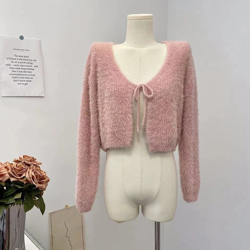 Loose Fit Knitted Sweater Solid Color Sexy Mink Velvet Autumn and Winter Short Cardigan for Women Milanni Fashion Pink One Size