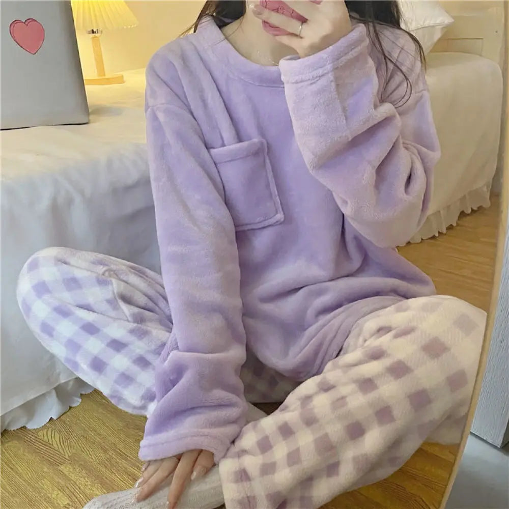 Fleece Thick Warm Women's Pajamas Set Winter Sleepwear Casual Solid Top and Plaid Pants  Milanni Fashion   