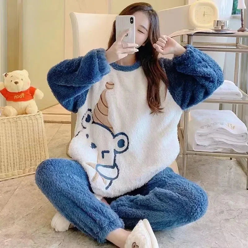 Thickened Warm Flannel Sleepwear Coral Velvet Pajamas Loungewear Set  Milanni Fashion Blue XXL(70-80kg) 