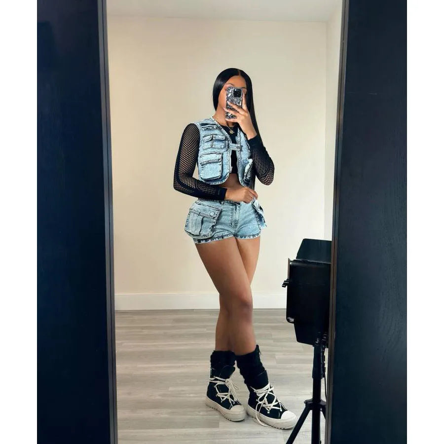 Fashion Denim Jacket and Biker Shorts Set Cropped Jean Jacket and Two-Piece Tracksuit for Women Milanni Fashion