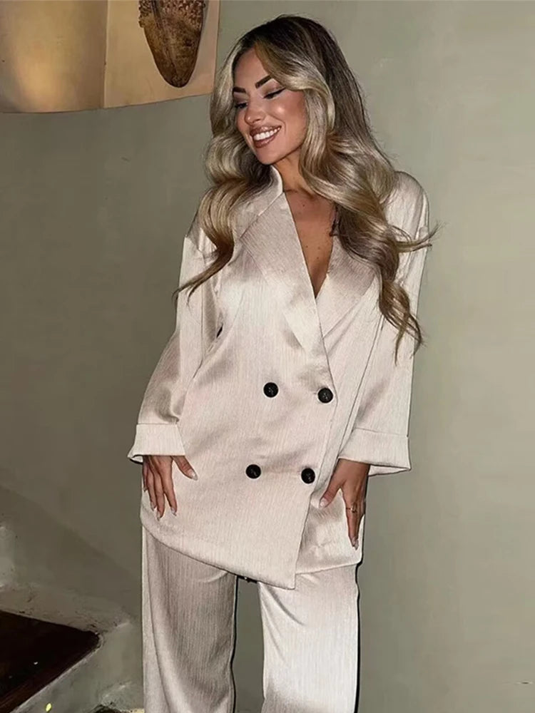 Women's Double-Breasted Suit Set Notched Blazer & Floor-Length Pants Chic Summer Outfit Milanni Fashion