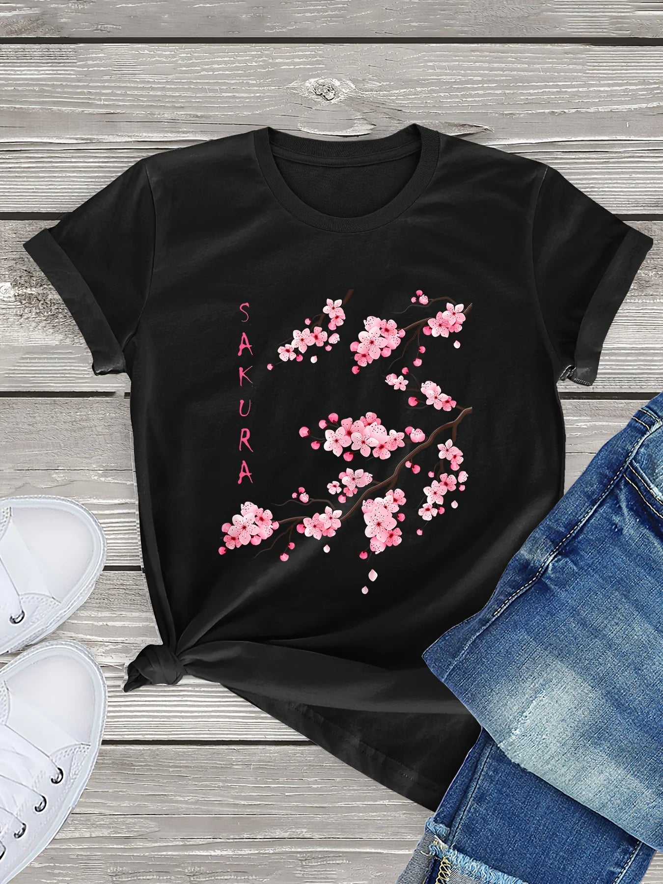 Cherry Blossom Print T-Shirt Casual Crew Neck Short Sleeve Top for Women Trendy and Stylish Milanni Fashion