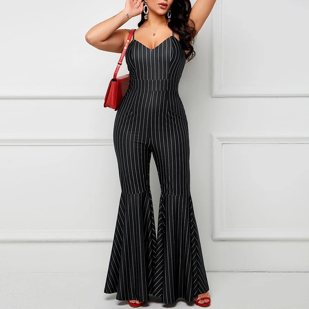 Vertical Striped Suspender Jumpsuit White-Collar Design with Bell-Bottom Pants  Milanni Fashion   