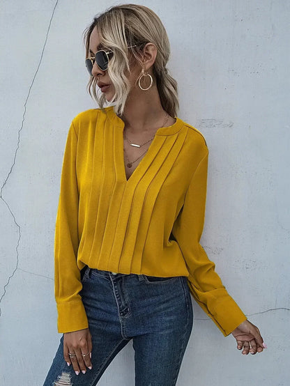 Josephine | Elegant pleated V-neck blouse with graceful feminine drape