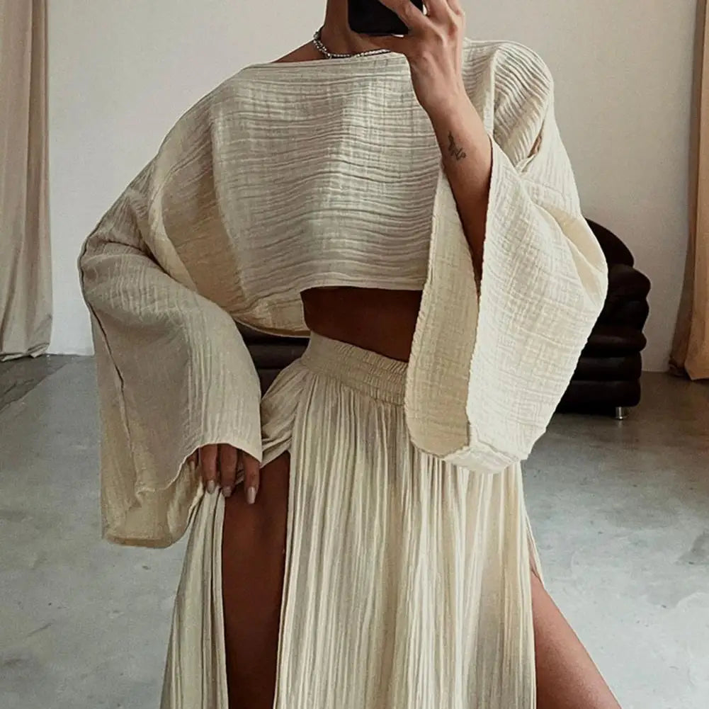 Long Sleeve Crop Top & High-Waist Split Skirt Vacation Beach Outfit Women's Club Dress Set Milanni Fashion