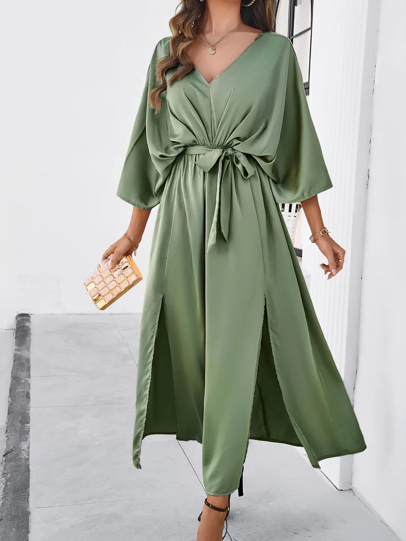 Elegant V-neck Loose Dress for Women Long Solid Lady Outfit Spring Summer Casual Streetwear Dress Maxi Dress Milanni Fashion