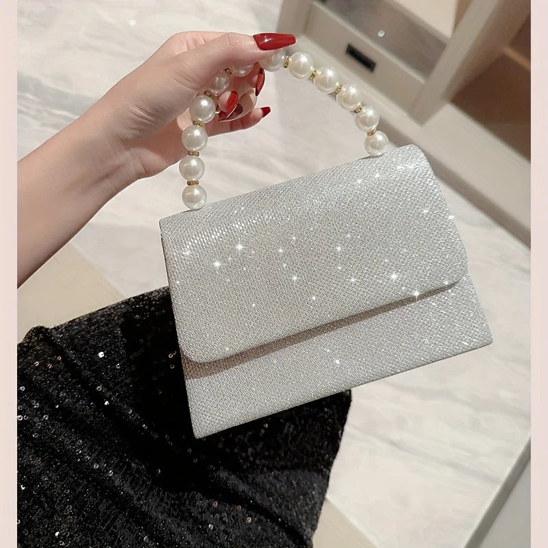 Rhinestone Purse Bag Square Pearl Shiny Flip Bridal Clutch Bag Elegant Wedding Evening Accessory Milanni Fashion Silver