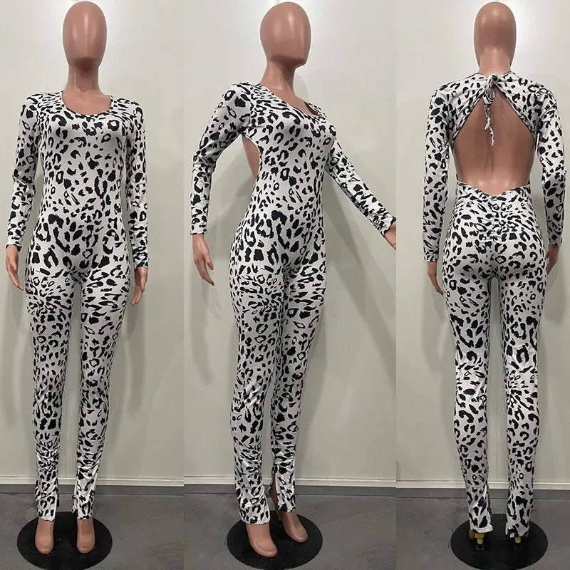 Sexy Open Back Leopard Jumpsuit Women Long Sleeve V-neck Skinny Split Flare Pants Romper Milanni Fashion