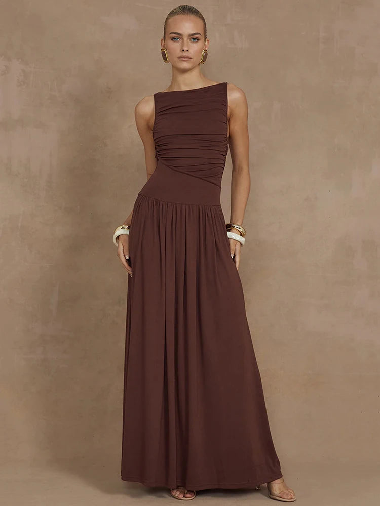 Sleeveless Maxi Dress For Women Fashion Solid Boat Neck Tank Dress Gown Maxi Dress Milanni Fashion Brown S 