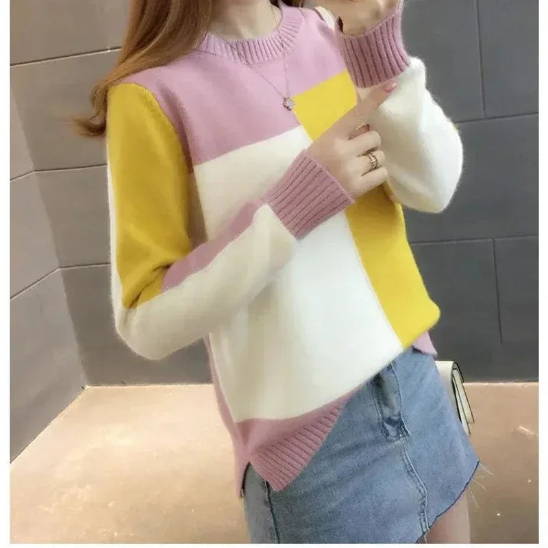 Knitted Ribbed O-Neck Color Contrast Sweater Loose Long Sleeve Wool Pullover Stylish Warm Top for Women Milanni Fashion