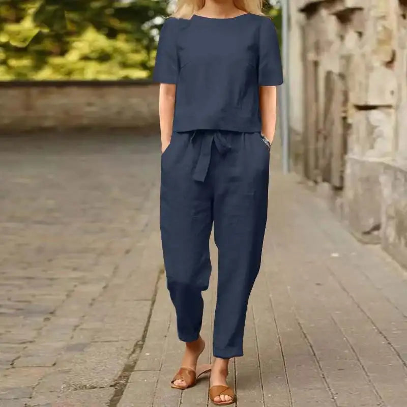 Pullover Shirt and Pants Two-Piece Set Short Sleeved O-Neck Outfit Stylish and Comfortable Ensemble Milanni Fashion Blue XL