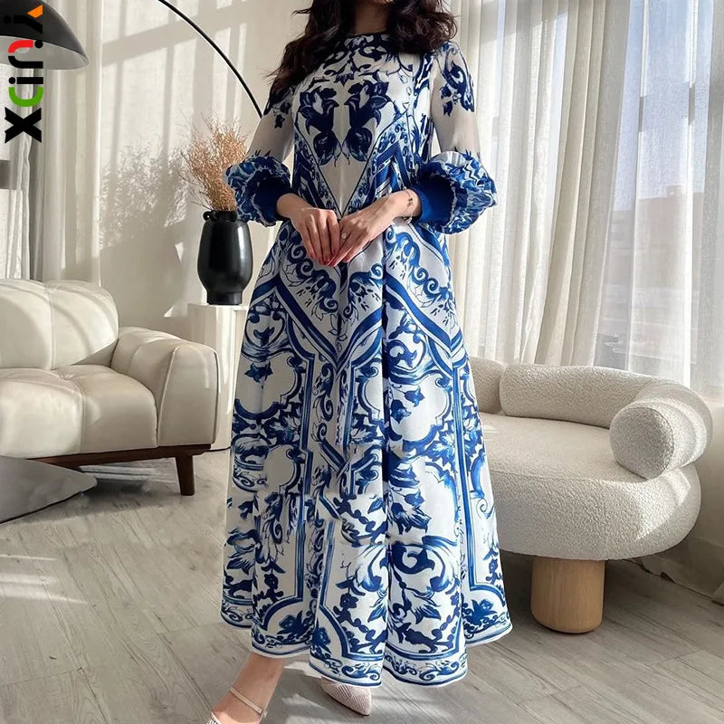 Pleated Dress Fashion Temperament Lantern Sleeve Loose Plus Size Big Hem Long Fall Dress for Women Milanni Fashion