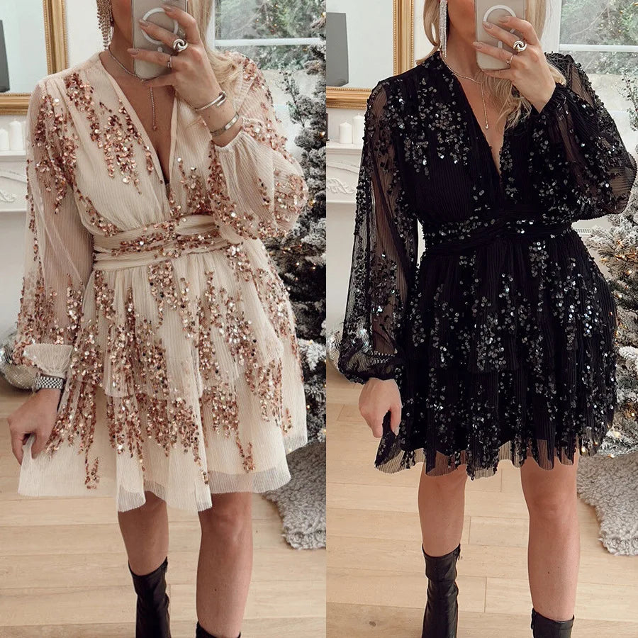 Lace Sequin Midi Dress Sexy Deep V Neck Long Sleeve Elegant Party Club Dress for Women Milanni Fashion