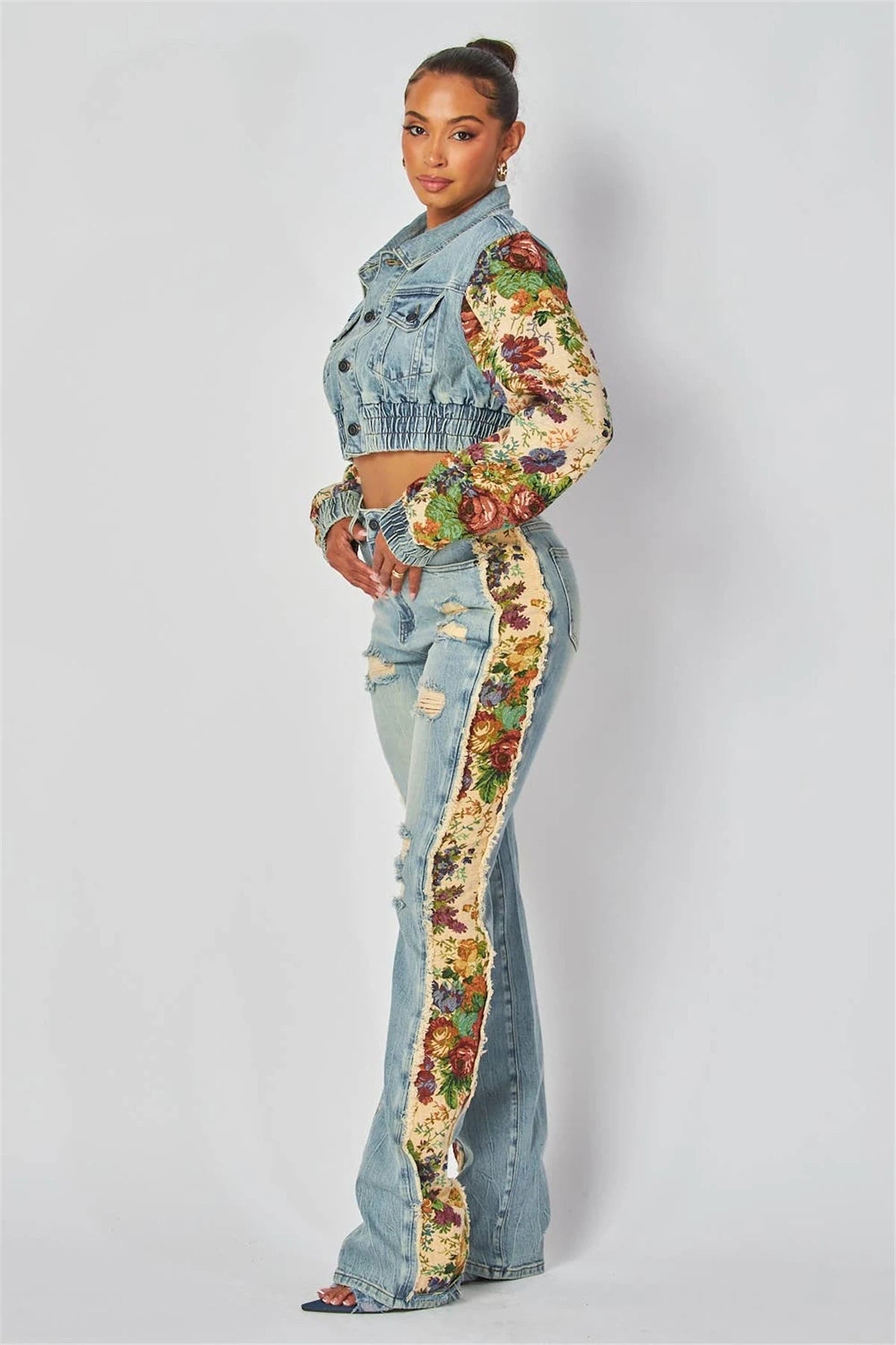 Printed Splicing Denim Long Sleeve Jacket and Piercing Jeans Long Pants Color Contrasting Two Piece Set  Milanni Fashion   