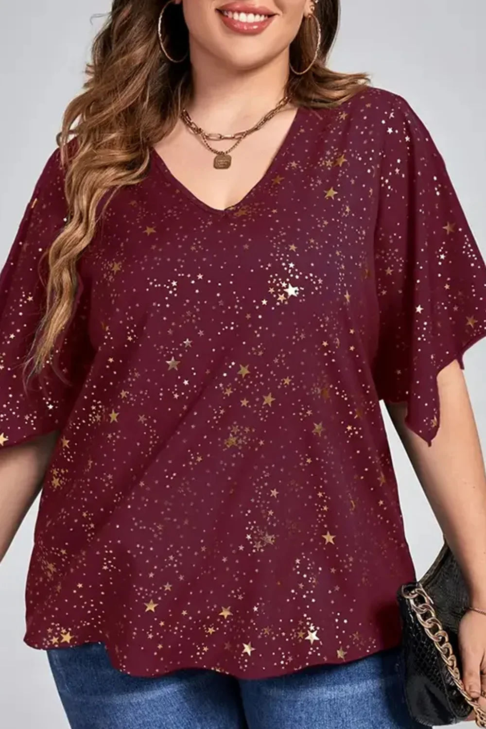 Plus Size Christmas Burgundy Sparkly Bronzing Print V Neck Blouse Half Sleeve Loose Top Milanni Fashion