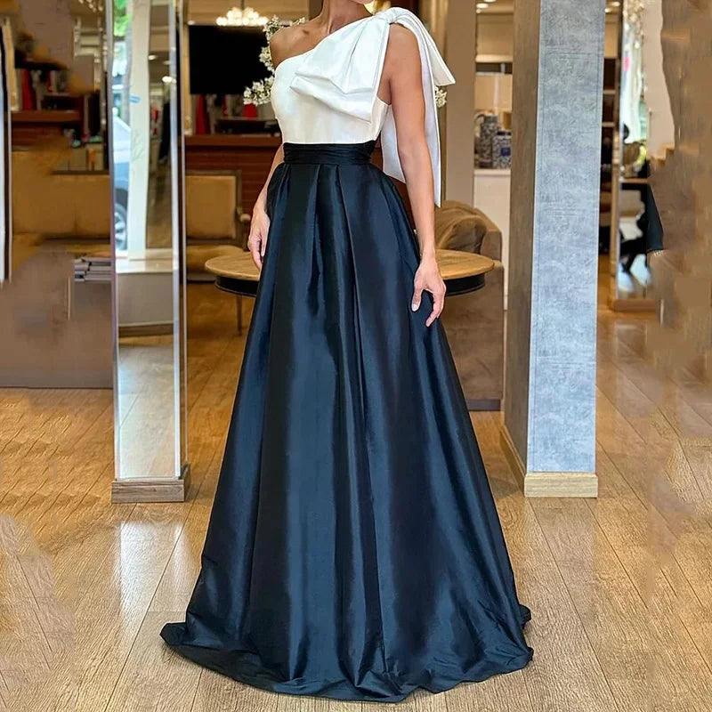 One Shoulder Solid Sleeveless With Bow Nipped Waist Slit Evening Party Long Dress Maxi Dress Milanni Fashion   