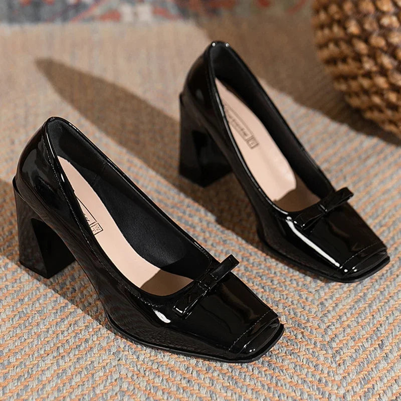 Square Toe High Heels Bow Leather Chunky Loafers Luxury Pumps Stylish Elegant Shoes for Women Milanni Fashion Black 39